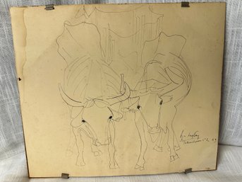 Vintage Modernist Drawing Of Bulls