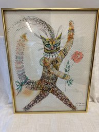 Dancing Cat Framed Watercolor And Pen Drawing 23' X 18.5' Dated 'NY April 1960'