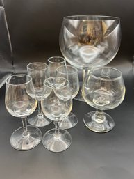 Set Of 5 Cordial Glasses, One Brandy Snifter, One XL Crystal Wine Glass
