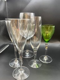2 Crystal Champagne Flutes, One Standard Wine Glass, Single Champagne Glass, Vintage Green Glass Cordial