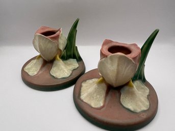 Pair Of 1930's Roseville Pink Iris Candle Holders