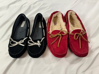 Cozy Slipper Set! Cherry Red Suede Uggs And Black Suede Kenneth Cole Hardsole Slippers
