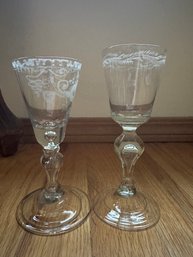 Possible Saxon Etched And Air Bubble Trapped Antique Wine Glasses