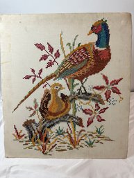 Vintage Cross Stitch Plaque Of Peacock & Pheasant