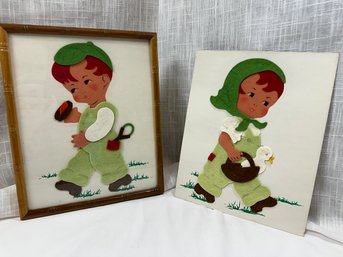 Vintage Felt Artwork Depicting Little Boy And Girl Playing