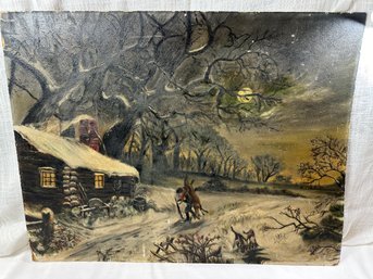 The Backwoodsman's Christmas, Early 1900's Oil Painting, Unknown Artist