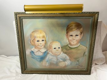 Family Portrait Painting By Sue Rae Stronach, 1971, Framed In Lovely Vintage Frame With Light