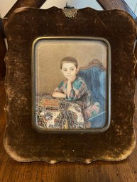 Velvet Framed Drawing Of Child Sitting At A Table, Dated 1855