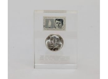 Commemorative 1964 JFK Stamp And Silver Half Dollar In Lucite Display Block