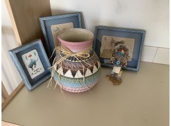 Lot Of Southwest Decor  Incl 3 Frame Pics And Navajo Style Pottery