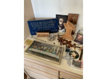 Lot Of Religious Items Incl Crosses Embossed Pics Of The Last Supper And Wall Art