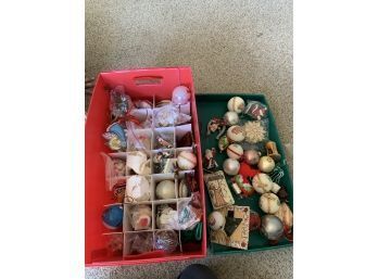 Lot Of Mismatched Christmas Ornaments With Heavy Cardboard Organizer