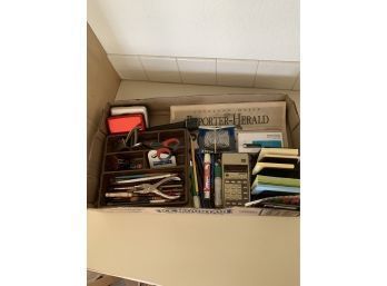 Flat Of Office Goods Incl Hole Punch, Scissors, Paperclips, And Vintage Calculator