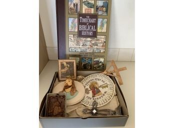 Lot Of Vintage Religious Items Incl Chalkware Jesus Plaque, Hardback Book And More