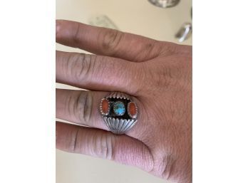 Vintage Sterling Silver Navajo Coral Turquoise Ring