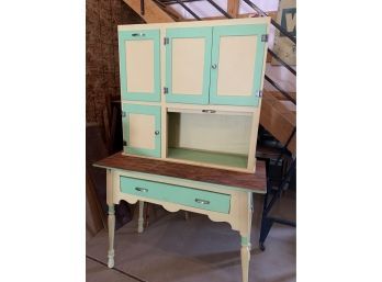 Vintage Green White Painted Hoosier Kitchen Cabinet