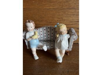 Vintage Figurines 2 Children  On Bench