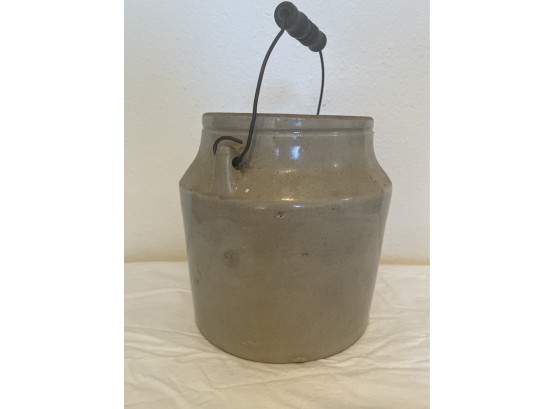 Old Stoneware Crock Jar W Handle And Lid