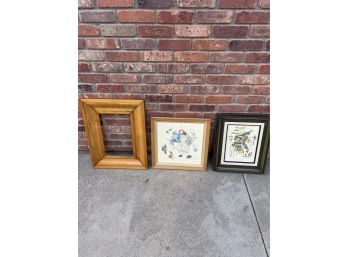 Lot Of 3 Pictures, Custom Handmade Frame, Norman Rockwell Prnt And Birds By Arthur Singer