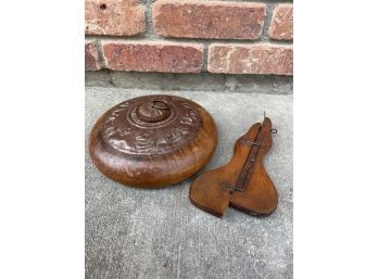 Carved Wood Bowl Vessel And  Antique Wooden Rug Hooker