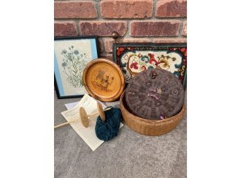 Double Whirl Spindle Sewing Basket, Print, Needlepoint Hanging