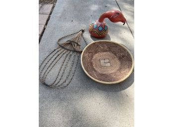 Hand Painted Gourd,  Handmade Wicker Woven Heart Wall And Woven Boho Basket