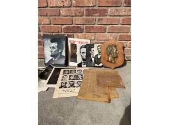 Lot Of Lincoln Memorabilia Incl  Brass Bust Plaque