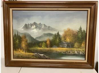 Large Oil  Landscape Picture On Canvas Wood Frame