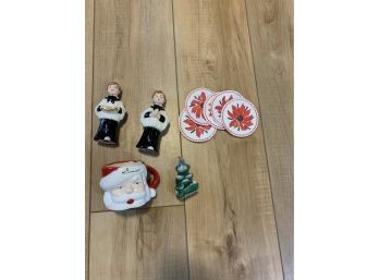 Lot Of Vintage Christmas Ceramics Incl  Santa Cup, Choirs Boy Figurines, Wayside Tree Candle & Paper Coasters
