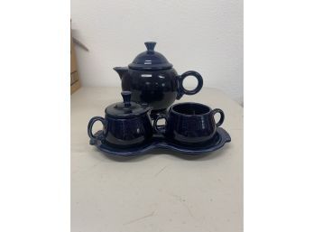 Homer Laughlin Vintage Fiesta Ware Cobalt Blue Tea Pot W Sugar And Creamer Set Tray