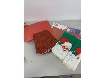 Christmas Paper Lot  Incl Plastic Round Table Cloth, Paper Santa Table Cloth And Xmas Boxes