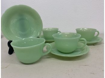 Fire King Jadeite Jadite Alice Set Of 4 Tea Cups And Saucers Green Milk Glass