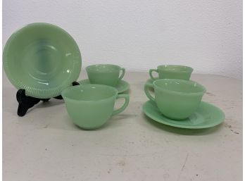 Fire King Jadeite Jadite Jane Ray Set Of 4 Tea Cups And Saucers Green Milk Glass