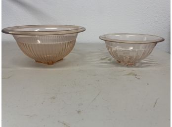 Two Pink Depression Glass Serving Bowls Vertical Ribbed