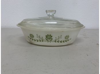 Vintage Glassbake Casserole Dish With Original Lid And Green Flowers