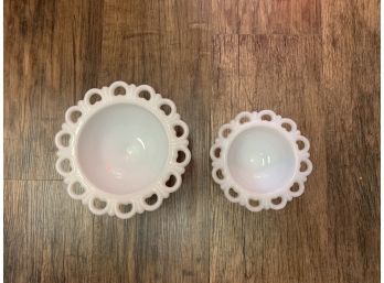 Two Vintage White Milk Glass Lace Edge Pedestal Footed Candy Dish Compote Bowls