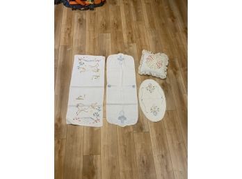 Lot Of Vintage Hand Embroidered Dresser Scarf Table Runner Horse & Flowers And Pillow