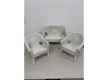 Antique White Wicker DOLL Furniture Settee & Two Chairs