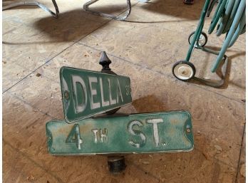 Vintage Embossed  Metal Street Sign With Cast Iron Finial, Della & 4th Streets
