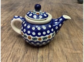 Tea Pot & Lid Blue Polka Dots  Nature By Boleslawiec Polish Pottery As Is