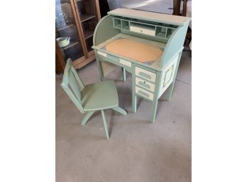 Vintage Painted Wood Antique Children Roll Top Style Desk And Chair