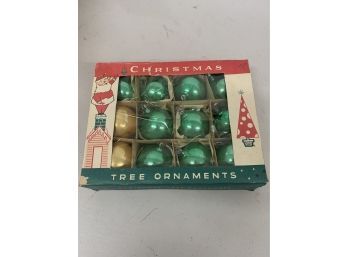 Vintage Glass Christmas Tree Ornaments Bulbs In Great Graphics Box Lot 3 Shiny Brite