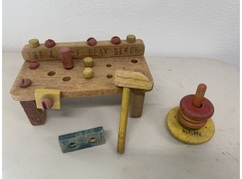 Vintage Baby Childs Wood Toy Holgate Stacker And Wooden Work Bench With Hammer