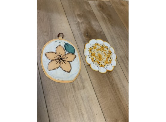Pair Of Hand Made Pot Holders Yellow Flower Crochet & Applique