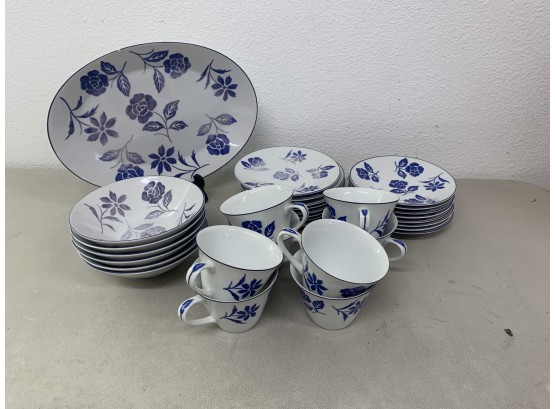 Set Of Amcrest China Plates, Cups, Bowls And Serving Platter - 'blue Field'