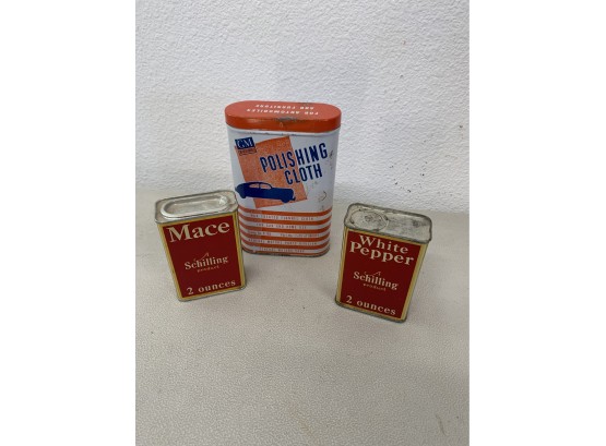 General Motors Vintage 1940s GM Accessory Polishing Cloth Advertising Tin Can & 2 Red Schilling Spice Tins
