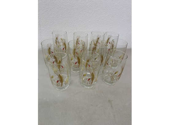 Vintage Set Of 11 Retro Glasses  Wheat Pattern Drinking Cups Mid Century Modern Liquor Bar Glassware