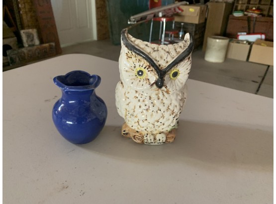 Small White Owl Pottery And Blue Vase