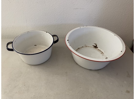 Two Large Vintage Red/black  And White Enamelware Stock Pots