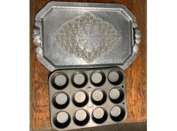Vintage Trade Continental Mark Hand Wrought Daisy Pattern Serving Tray &  Muffin Tin